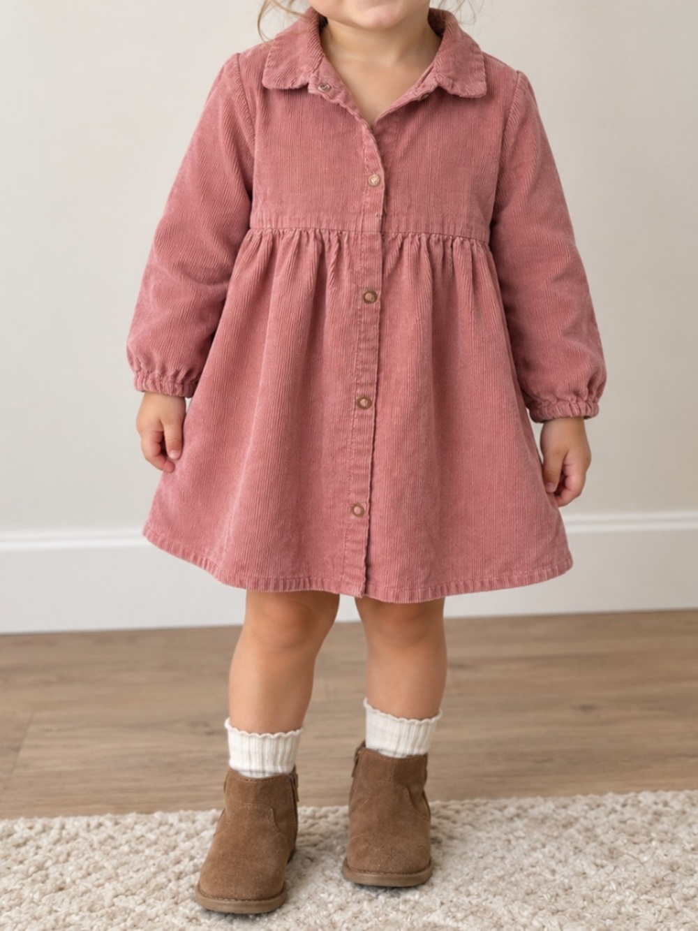 ZARA Baby Button Down Corduroy Dress Collar Long Sleeve Pink 2/3 Year Girl